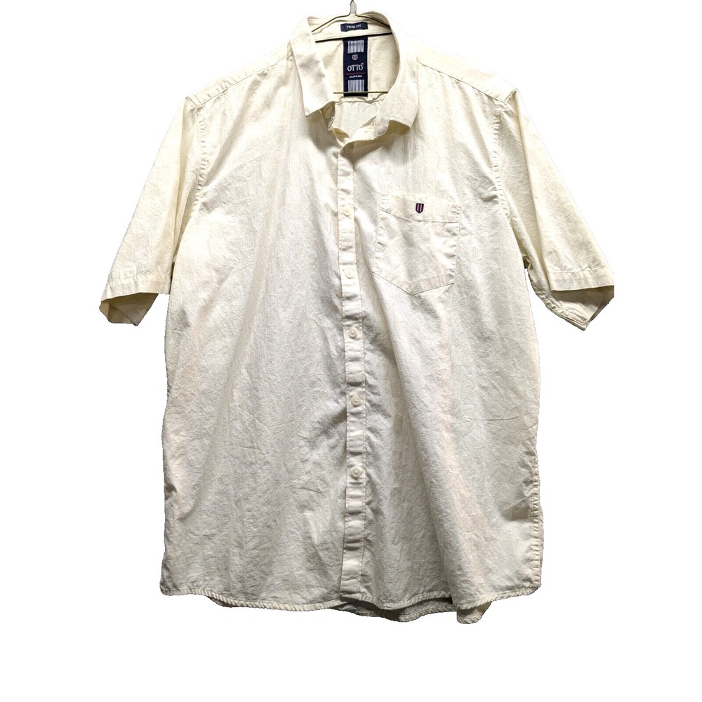 OTTO Men Sz: XL 44cm Trim Fit Short Sleeve Shirt Cream/Ivory Geometric Button Up